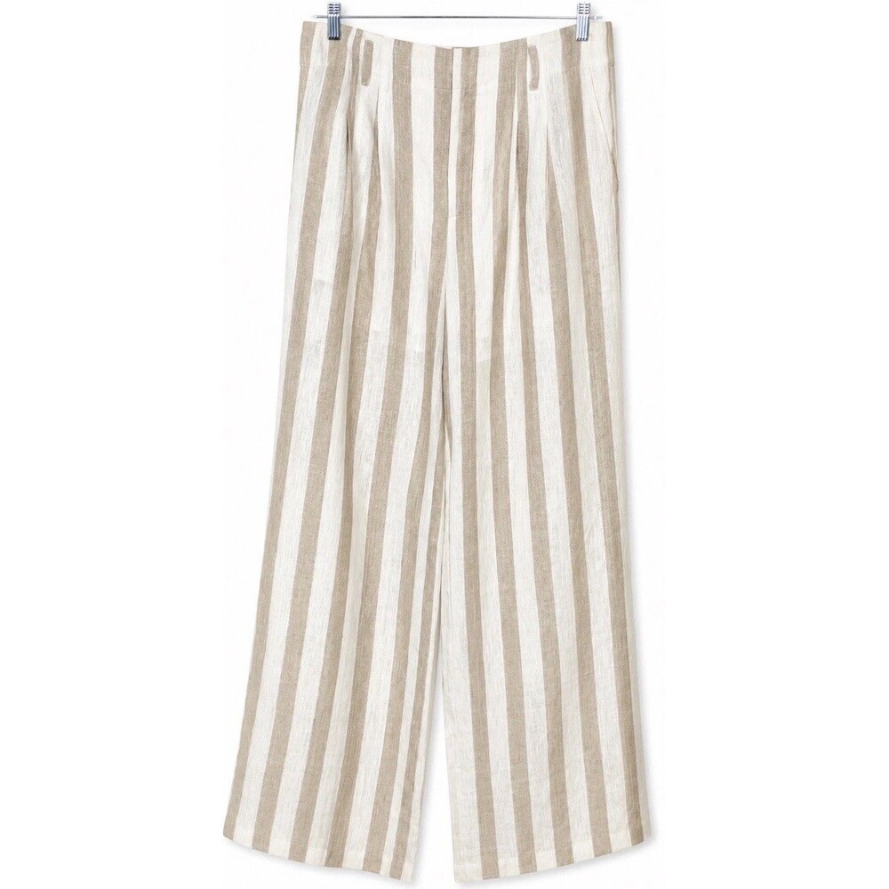 Sophie Rue Frankie Linen Pants Women’s L Beige Cream Stripe Coastal Wide Leg